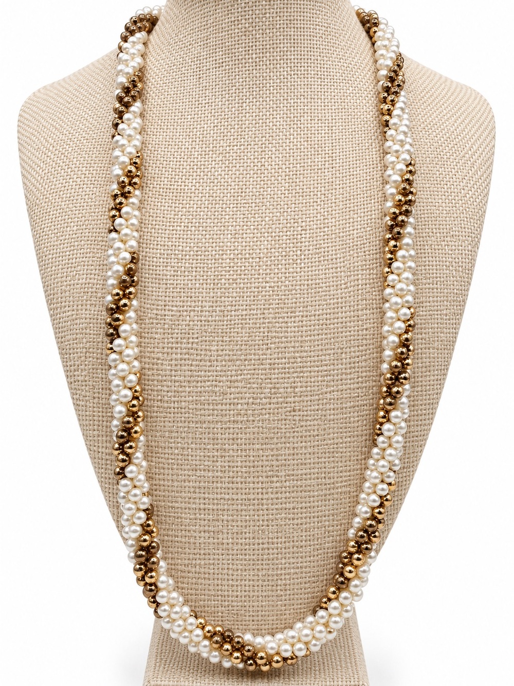 Vintage Faux Pearl & Gold Tone Woven Rope Statement Necklace